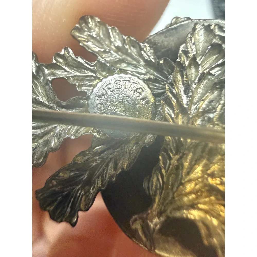 Western Germany Tyrolean Hat Gamsbart Pin Silver Tone Oak Leaf Brooch 2 Inch